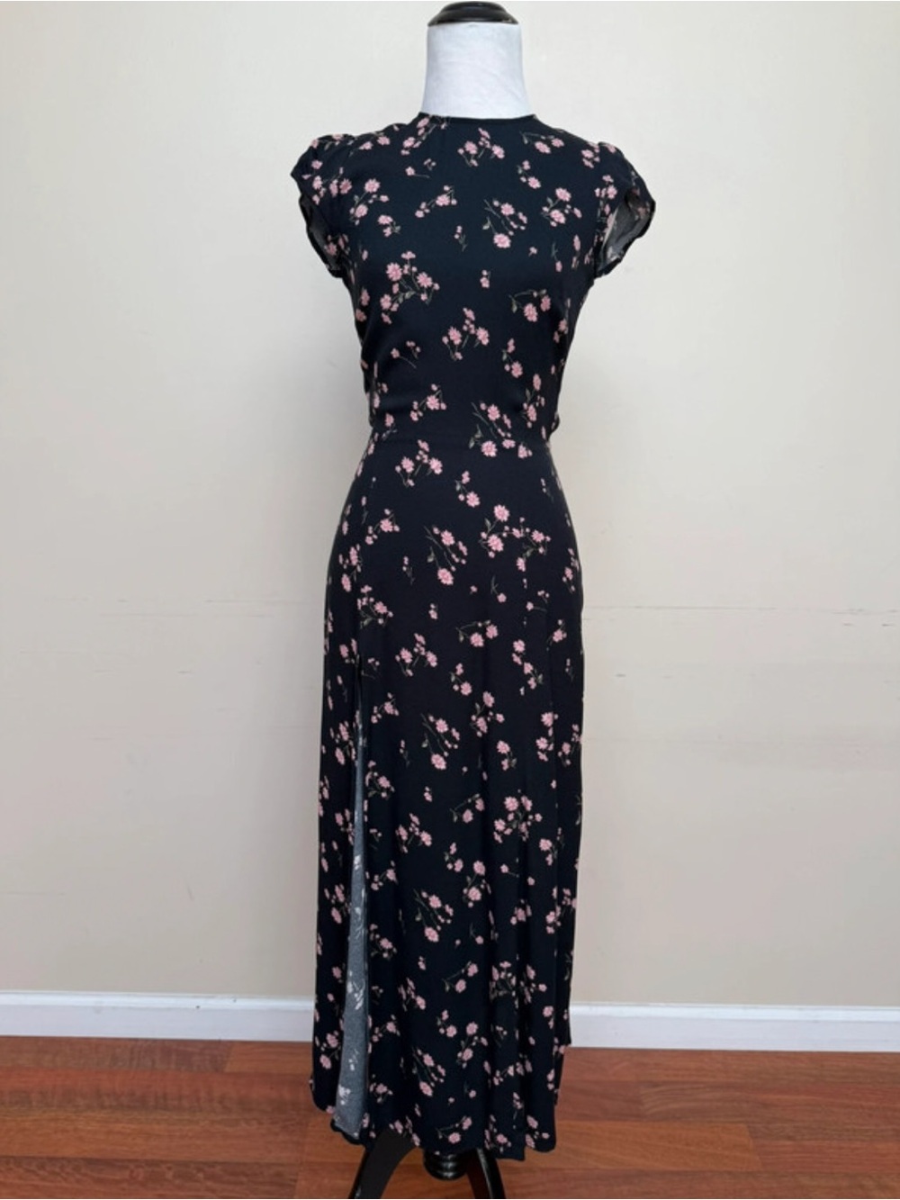 Reformation Gavin In Ensenada Floral Midi Dress Black Pink Blossom Print Size 0